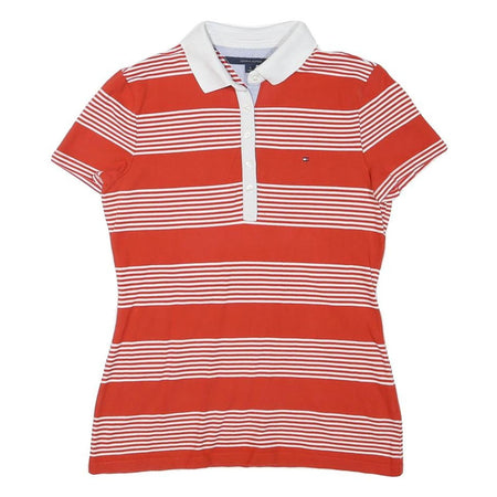TOMMY HILFIGER Womens Red & White Stripe Short Sleeve Polo Shirt M Cotton Blend