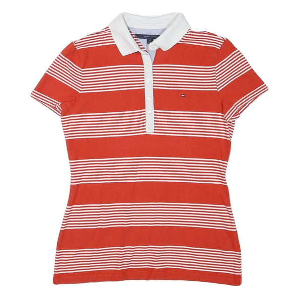 TOMMY HILFIGER Womens Red & White Stripe Short Sleeve Polo Shirt M Cotton Blend