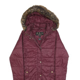 BARBOUR Womens Maroon Puffer Jacket UK 12 Polyester Zip Hooded Quilted Long