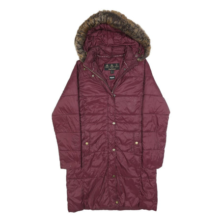 BARBOUR Womens Maroon Puffer Jacket UK 12 Polyester Zip Hooded Quilted Long