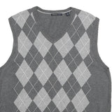 VAN HEUSEN Mens Grey Argyle Pattern V-Neck Cotton Jumper Vest M Classic knitwear