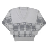 Mens Grey Patterned Wool Blend Jumper V-Neck Basic Knit M Stylish Comfortable
