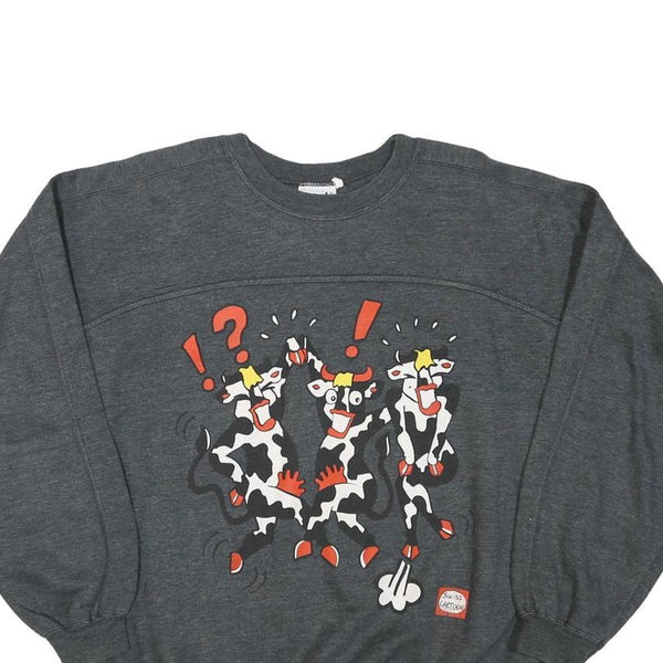 THE BEST Mens Grey Sweatshirt S Cartoon Print Cotton Blend Crew Neck Long Sleeve