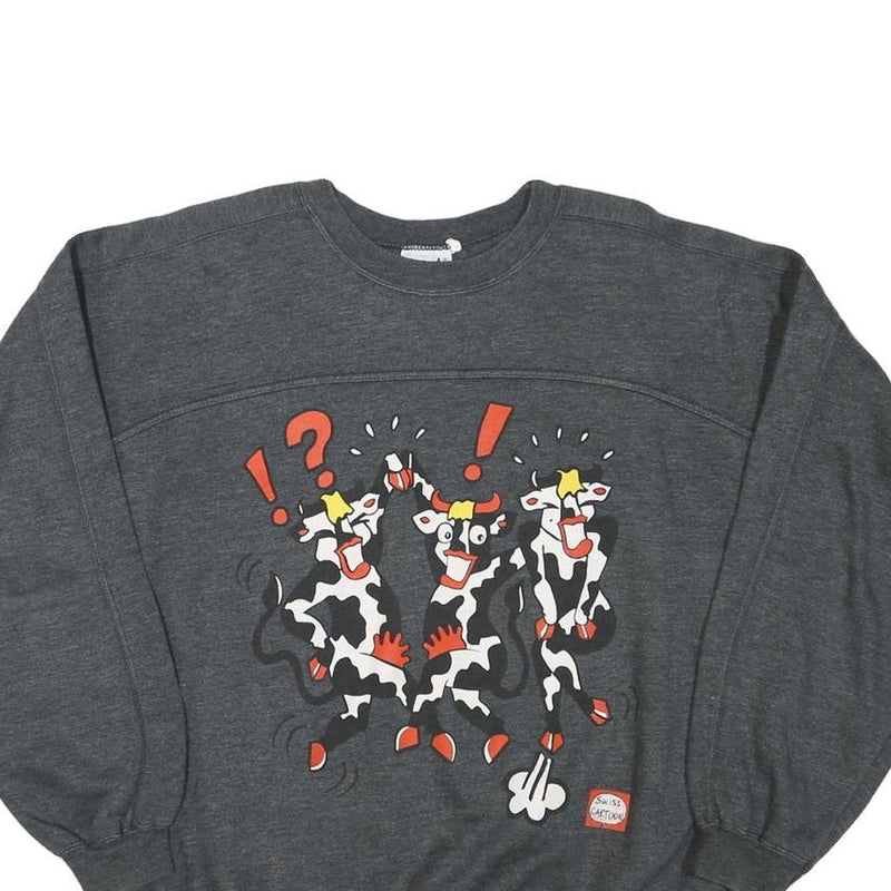 THE BEST Mens Grey Sweatshirt S Cartoon Print Cotton Blend Crew Neck Long Sleeve