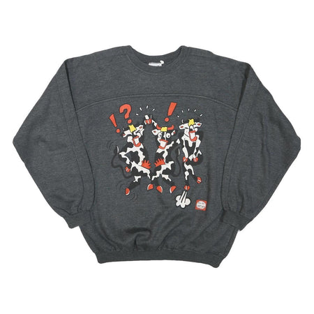 THE BEST Mens Grey Sweatshirt S Cartoon Print Cotton Blend Crew Neck Long Sleeve