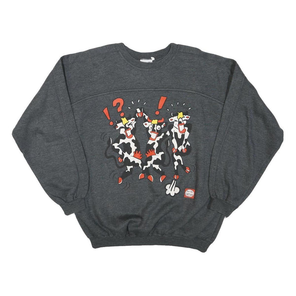 THE BEST Mens Grey Sweatshirt S Cartoon Print Cotton Blend Crew Neck Long Sleeve
