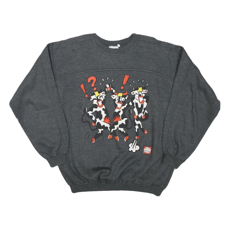 THE BEST Mens Grey Sweatshirt S Cartoon Print Cotton Blend Crew Neck Long Sleeve