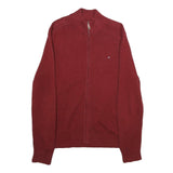 TOMMY HILFIGER Mens Red Jumper Patterned Full Zip Crew Neck Basic Knit L Cotton