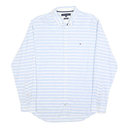 TOMMY HILFIGER Mens Blue & White Striped Shirt L Button-Down Collar Casual