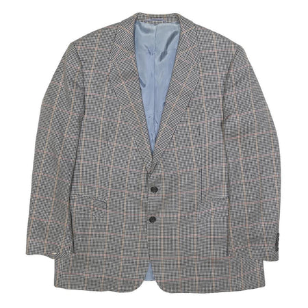 HERMES Mens Grey & Pink Check Wool Tailored Jacket L Woven Button Closure