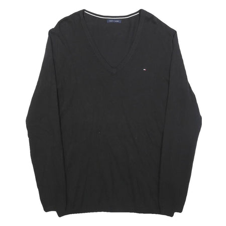 TOMMY HILFIGER Womens Black Plain V-Neck Basic Knit Jumper M Cotton Blend