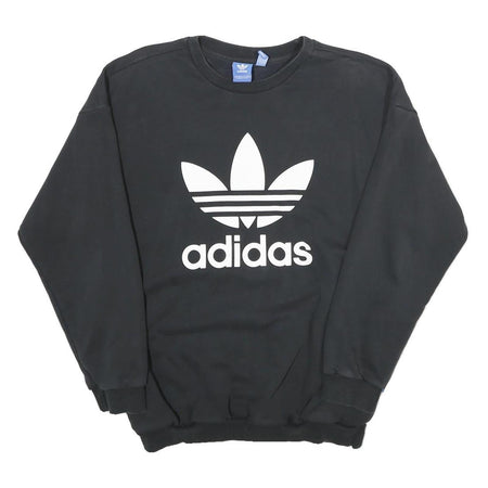 ADIDAS Womens Black Crew Neck Sweatshirt UK 12 Cotton Logo Casual Pullover