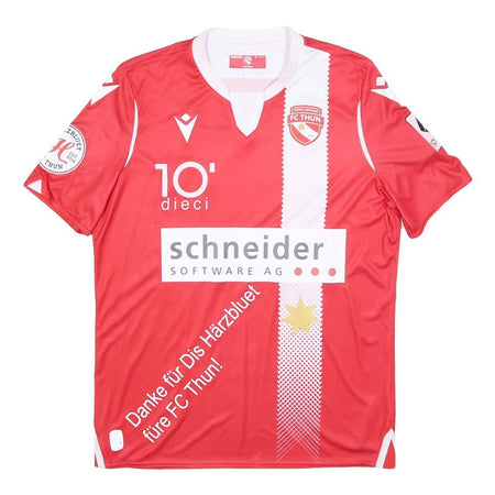 MACRON Mens Red & White FC Thun Football Shirt M Short Sleeve V-Neck Signed