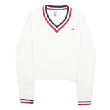 TOMMY JEANS Womens White Patterned V-Neck Cable Knit Jumper M Striped Trim