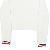 TOMMY JEANS Womens White Patterned V-Neck Cable Knit Jumper M Striped Trim