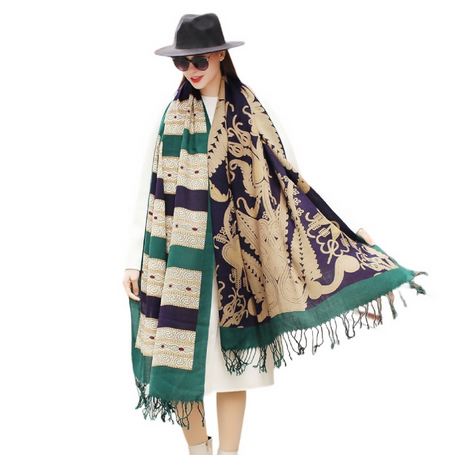 Anyyou 100% Merino Wool Green Archeologic Silk Satin Large Winter Scarf Pashmina Shawl Bandana Perfect For Women Ladies Fashion Style
