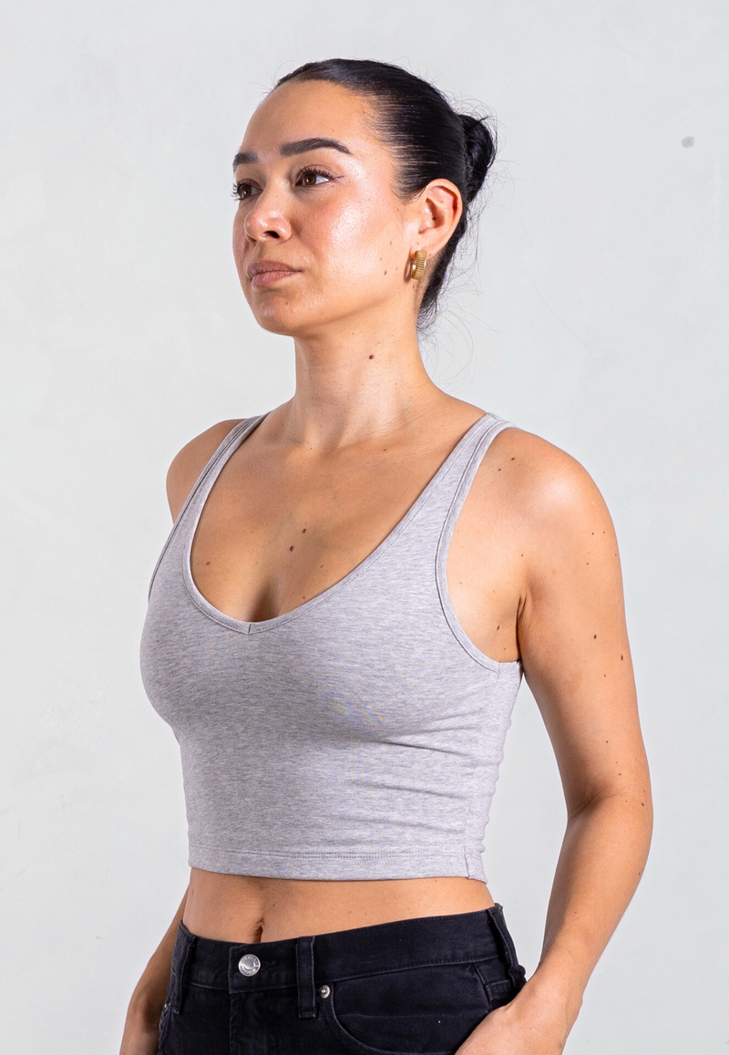 Organic Cotton V-Neck Cropped Tank Top, Light Grey Marl