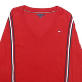 TOMMY HILFIGER Womens Red Striped V Neck Patterned Basic Knit Jumper M Cotton