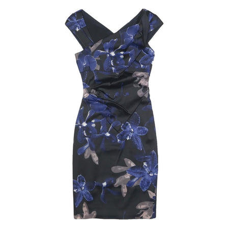 KAREN MILLEN Womens Black & Blue Floral Bodycon Woven V-Neck Sleeveless Dress UK