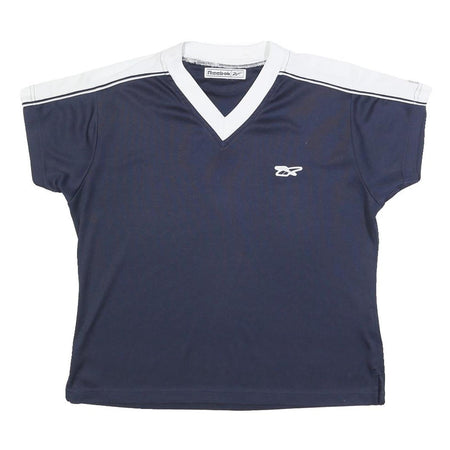 REEBOK Womens Navy Blue & White V-Neck Short Sleeve T-Shirt M Sportswear