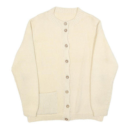 Womens Cream Plain Jumper Button Up Round Neck Basic Knit M Chunky Knit Pocket