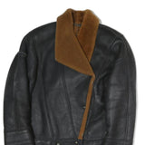 Womens Black & Brown Leather Button Jacket L Shearling Collar Relaxed Fit