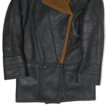 Womens Black & Brown Leather Button Jacket L Shearling Collar Relaxed Fit