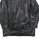 Womens Black Leather Button Jacket L Woven Classic Oversized Timeless Design