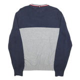 TOMMY HILFIGER Mens Navy & Grey Colourblock Plain Crew Neck Basic Knit Jumper L