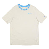 CHAMPION Mens Cream & Blue Graphic T-Shirt L Short Sleeve Crew Neck Cotton Blend