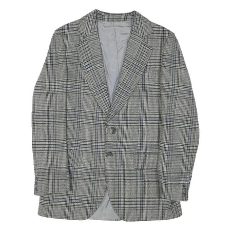 SQUARE DEAL Mens Grey Check Wool Blend Tailored Jacket S Woven Button Closure