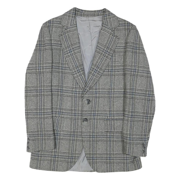 SQUARE DEAL Mens Grey Check Wool Blend Tailored Jacket S Woven Button Closure