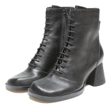 CHARLES & KEITH Womens Black Leather Lace-Up Ankle Boots UK 3 Stylish Block Heel
