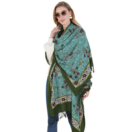Anyyou 100% Merino Wool Cyan And Flowers Silk Satin Large Winter Scarf Pashmina Shawl Bandana Perfect For Women Ladies Fashion Style