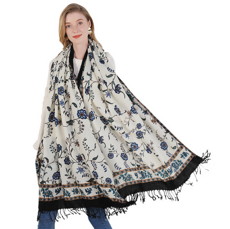 Anyyou 100% Merino Wool Blue Flower Design Silk Satin Large Winter Scarf Pashmina Shawl Bandana Perfect For Women Ladies Fashion Style