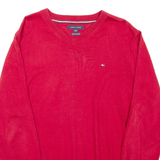 TOMMY HILFIGER Mens Jumper Red V-Neck Tight Knit XL