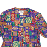 LADY CAROL Womens Printed Blouse Purple Puff Sleeve Crazy Pattern M