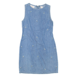 V.I.PETITES Womens Day Dress Blue Denim Floral Sleeveless Short XXS
