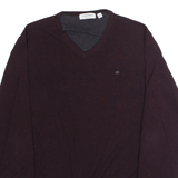 CALVIN KLEIN Mens Jumper Maroon V-Neck Tight Knit Wool L