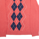 TOMMY HILFIGER Mens Patterned Jumper Pink Argyle V-Neck Tight Knit XL