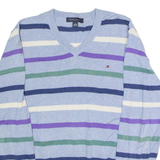TOMMY HILFIGER Mens Patterned Jumper Blue Striped V-Neck Tight Knit L
