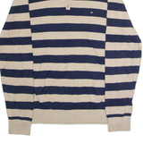 TOMMY HILFIGER Mens Patterned Jumper Beige Striped 1/4 Zip Tight Knit 2XL
