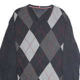 TOMMY HILFIGER Mens Patterned Jumper Black Argyle V-Neck Tight Knit XL