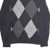 TOMMY HILFIGER Mens Patterned Jumper Black Argyle V-Neck Tight Knit XL
