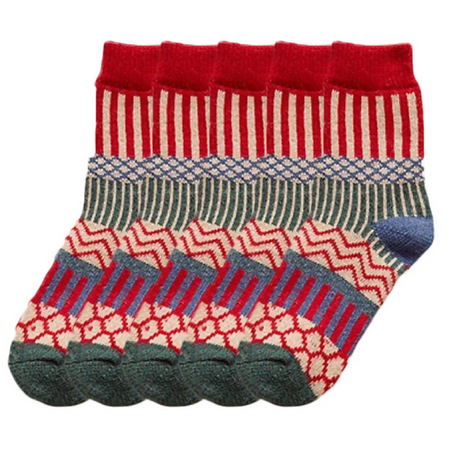 Anyfootwear 5 Pairs Size 5-9 Fashion Socks Colorful Wind-Flowers Cotton Winter Thick Warm Wool Casual for Women Red