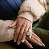 Our very popular Bubble Pink Quartz Ring features a beautiful vintage pink gemstone attached to a gold ring. This allows the stone to move freely around your finger making this a unique ring. The ring is fully size adjustable and can fit any fing