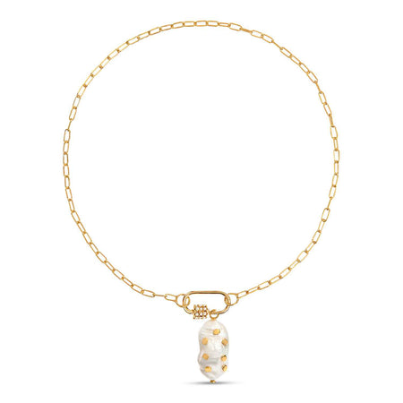 Daphne Gold Necklace With Pearl Carabiner Lock and Pearl Pendant