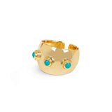 Make a bold statement with the Aurora Gold and Turquoise ring. Fully size adjustable, this stunning round ring is adorned with vintage turquoise gemstones.&nbsp;