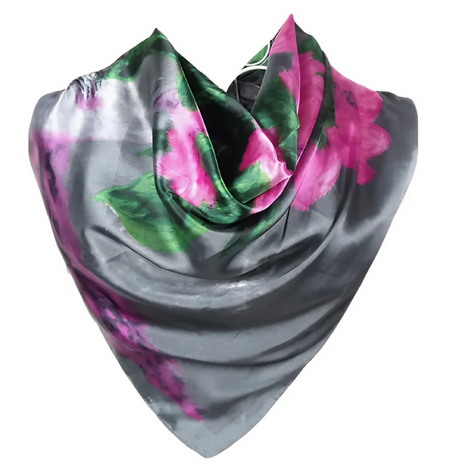 Anyyou Fashion Premium Satin Square Scarf – Grey Pink Satin Print Silk-Feel Neckwrap for Women
