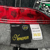 Embroidered Design Nevaran Graphic Denim Shorts - 34W 13L Black Cotton